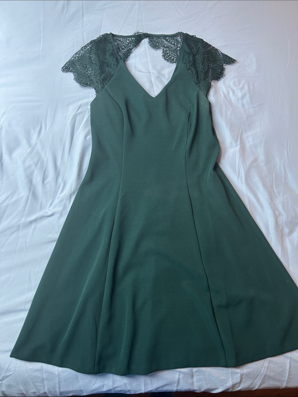 Kensie Lace-Sleeve V-Neck Dress in Deep Green